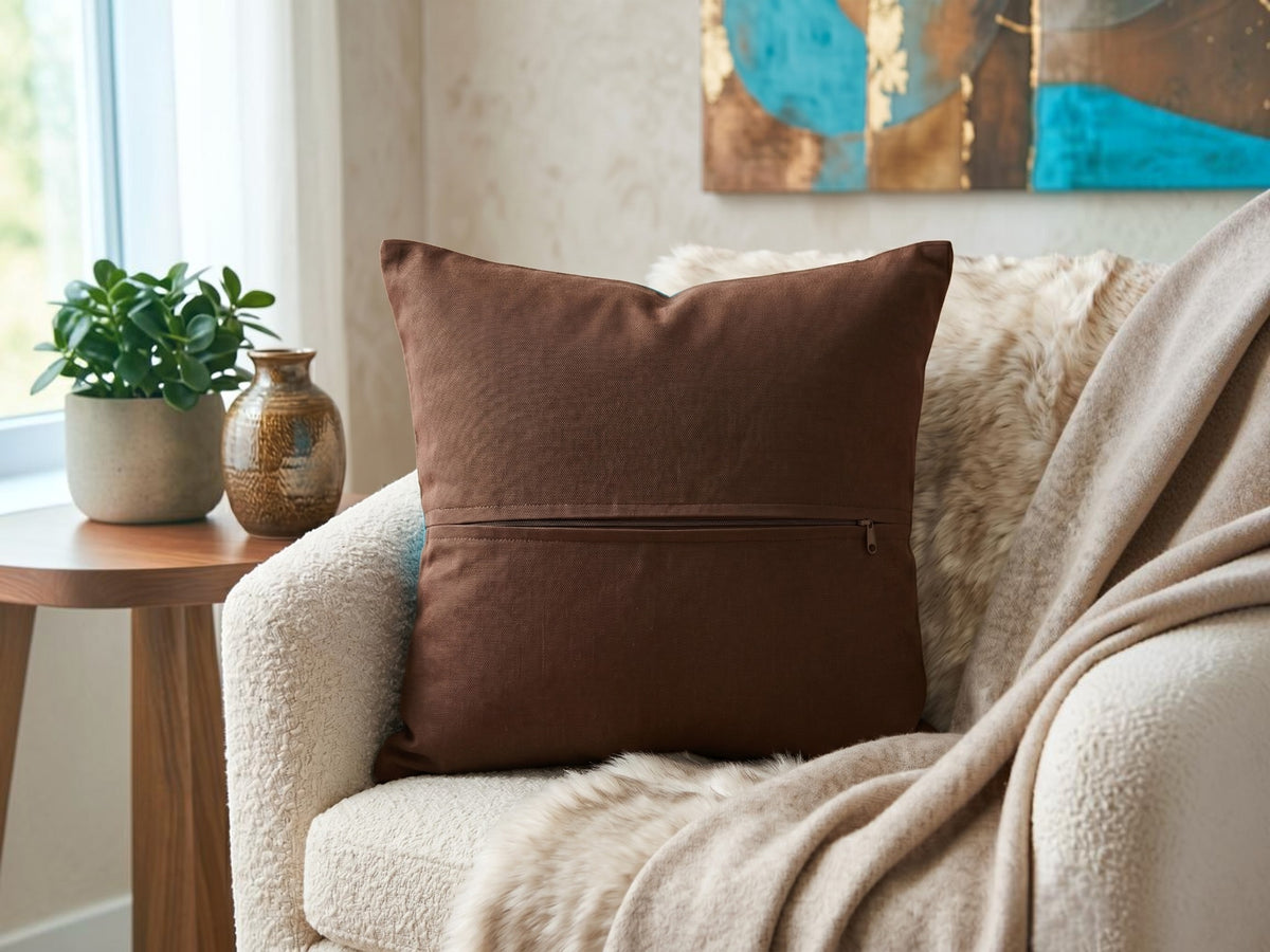 Jagdish Store turquoise cushion cover with a brown triskele spiral pattern and matching border.