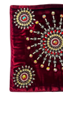 Jagdish Store deep burgundy velvet pillow cover with intricate mandala beadwork and crystal embellishments.