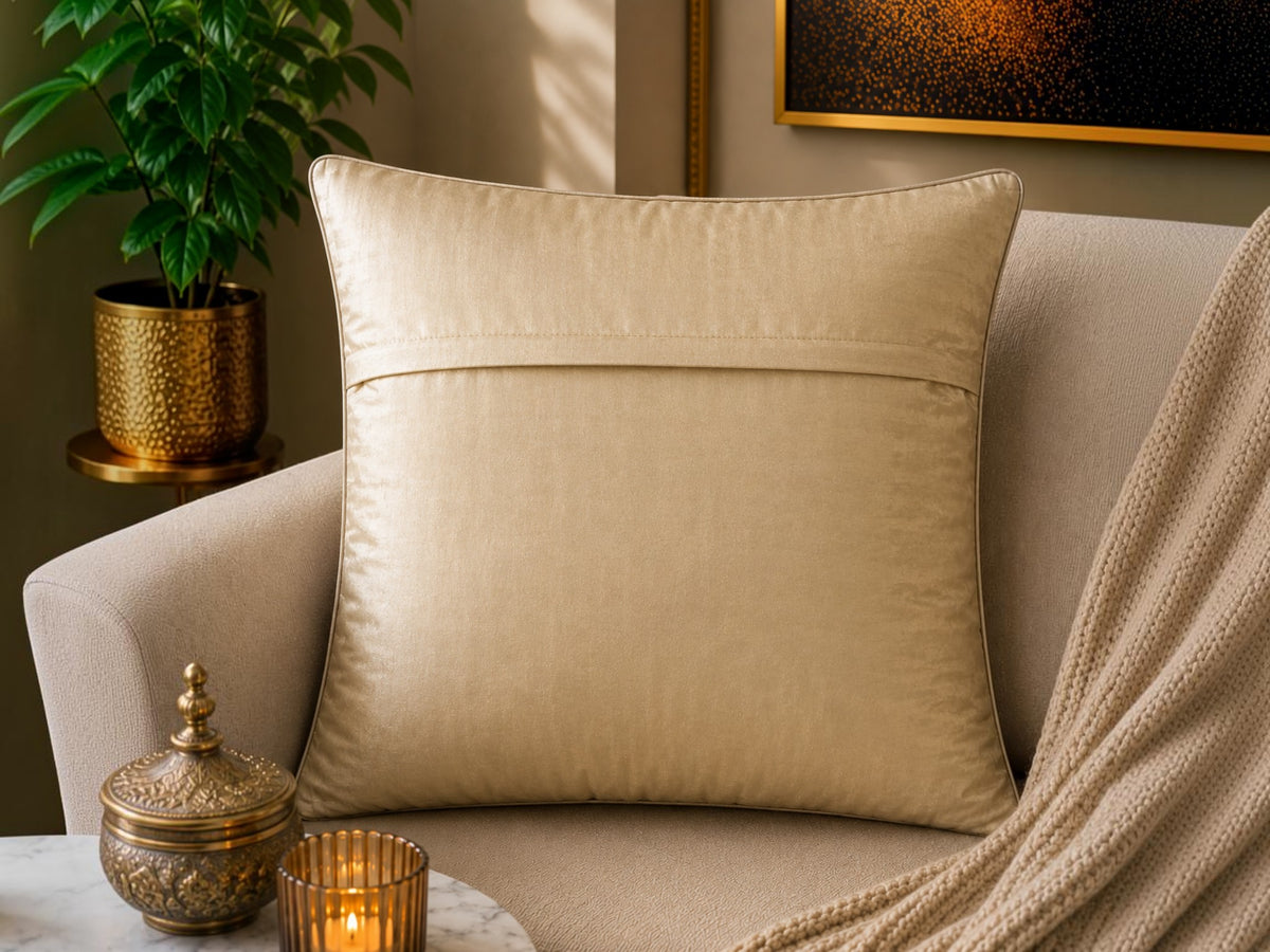 Jagdish Store decorative woven cushion cover in cream and gold with a subtle striped texture on a soft rug.