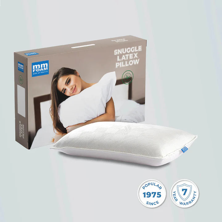 mmFoam Snuggle latex pillow beside its retail box