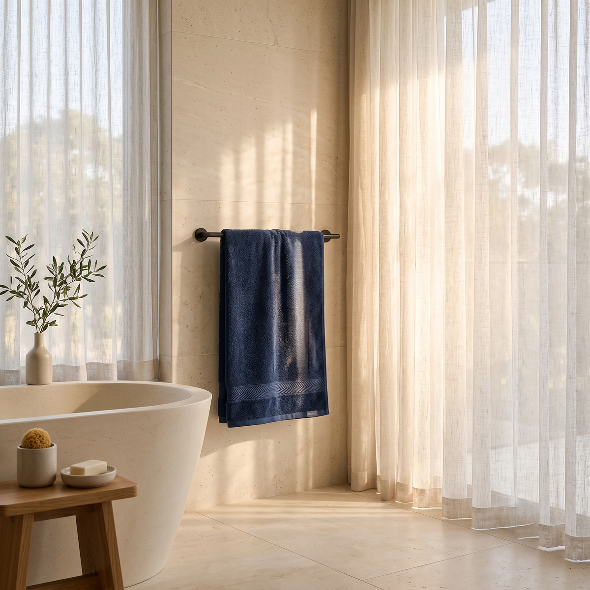 Navy blue cotton bath towel with chevron woven border displayed in a modern bathroom