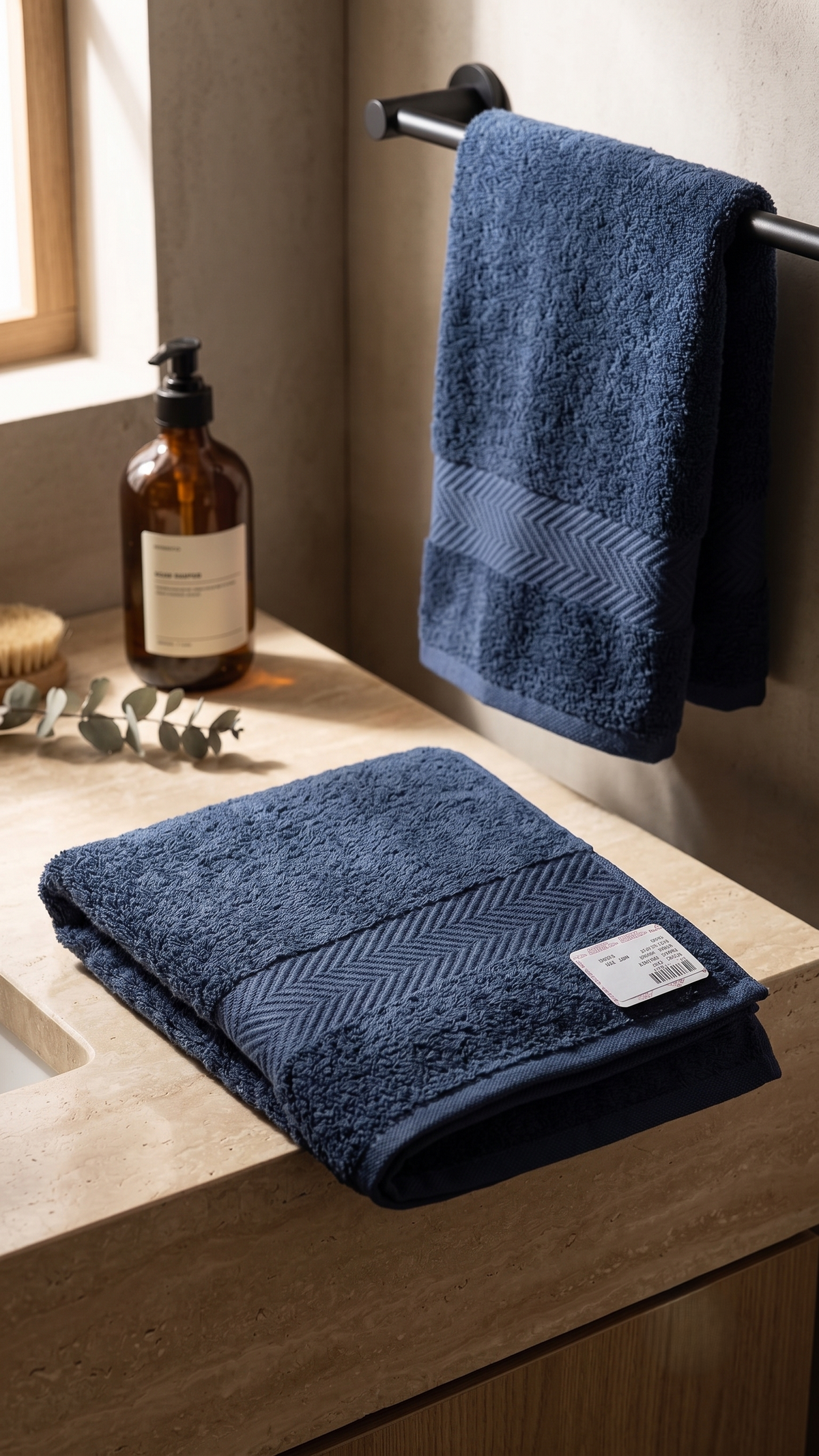 Navy blue cotton bath towel with chevron woven border 