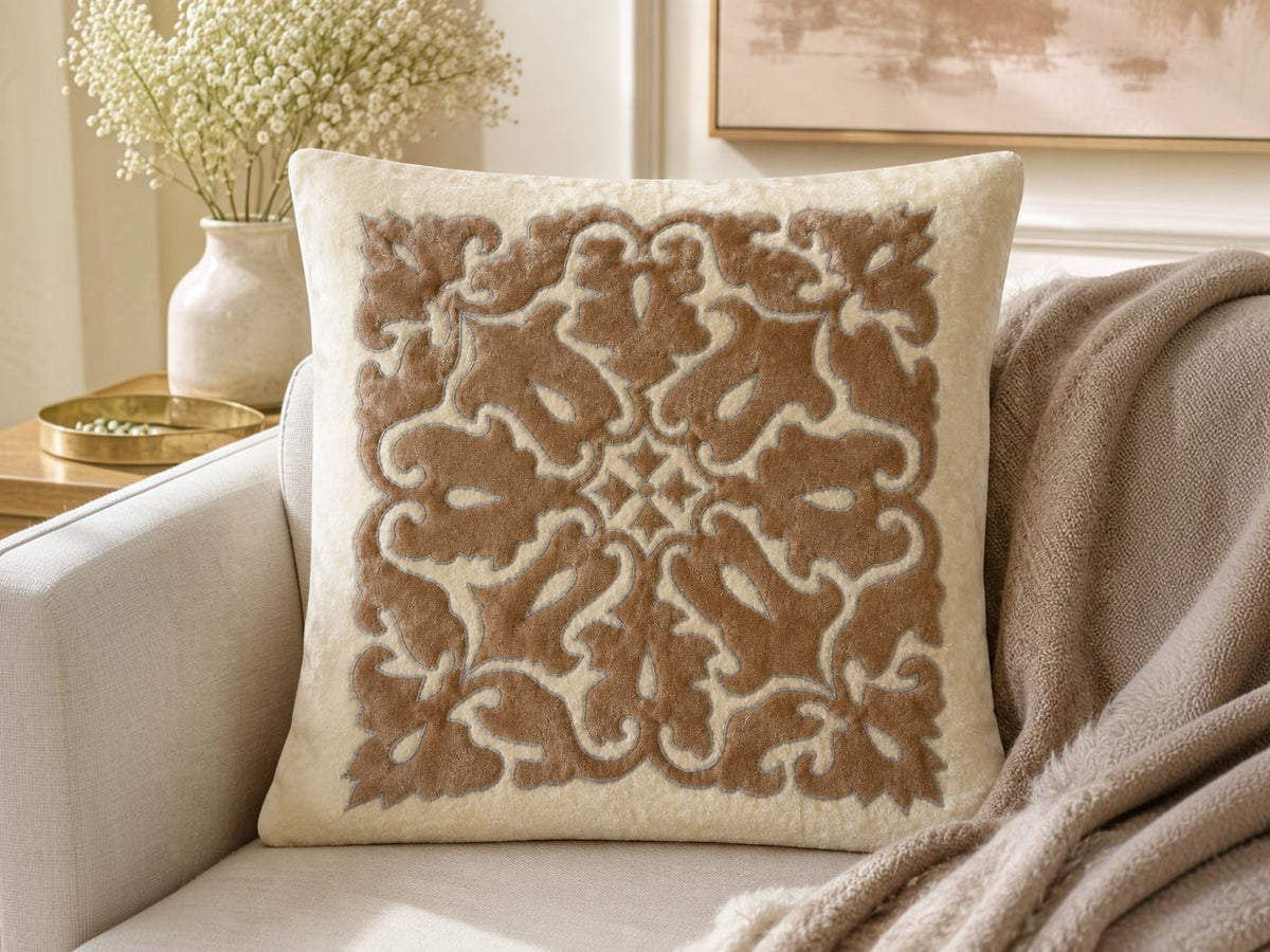 Jagdish Store off-white and brown velvet throw pillow cover with intricate damask embroidery and silver stitching.