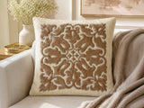 Jagdish Store off-white and brown velvet throw pillow cover with intricate damask embroidery and silver stitching.