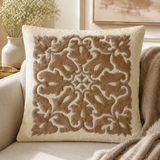 Jagdish Store off-white and brown velvet throw pillow cover with intricate damask embroidery and silver stitching.
