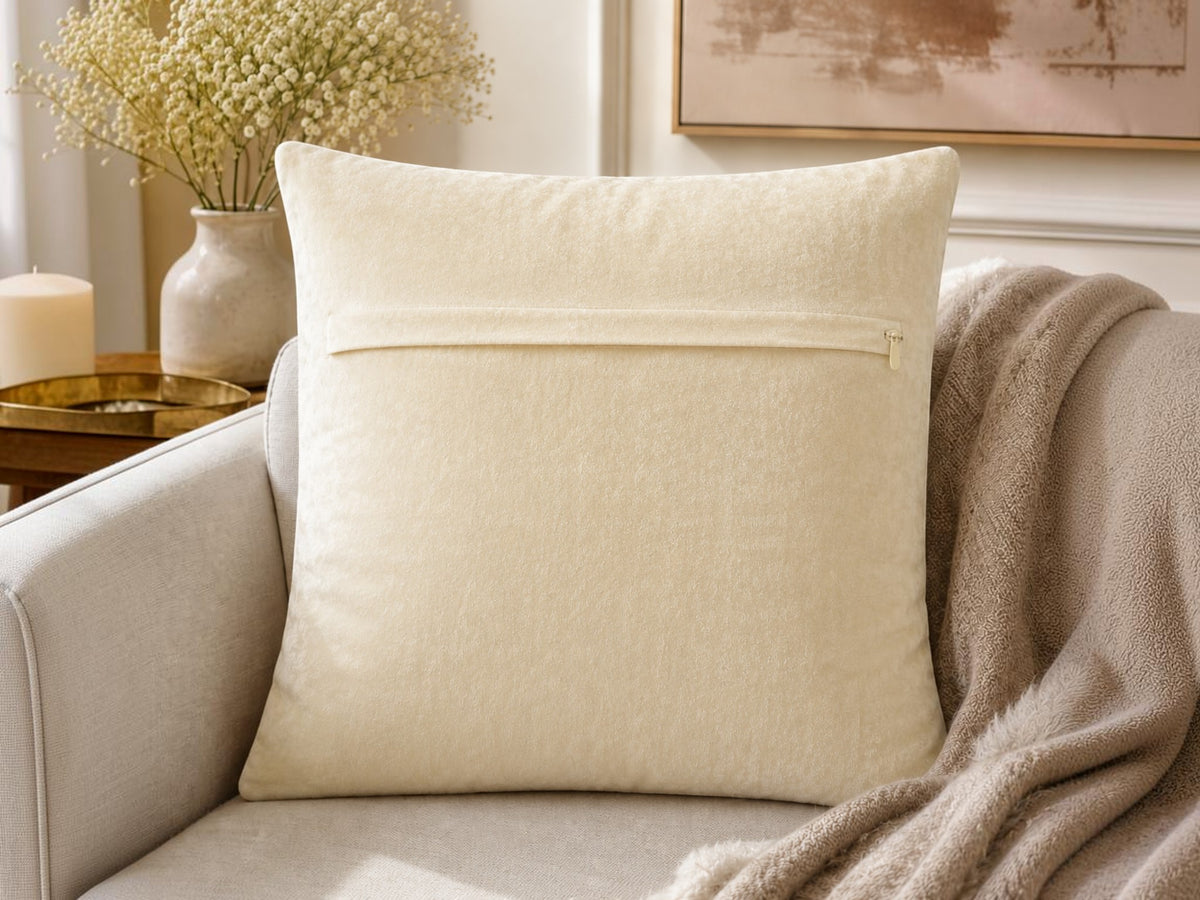 Jagdish Store off-white and brown velvet throw pillow cover with intricate damask embroidery and silver stitching.