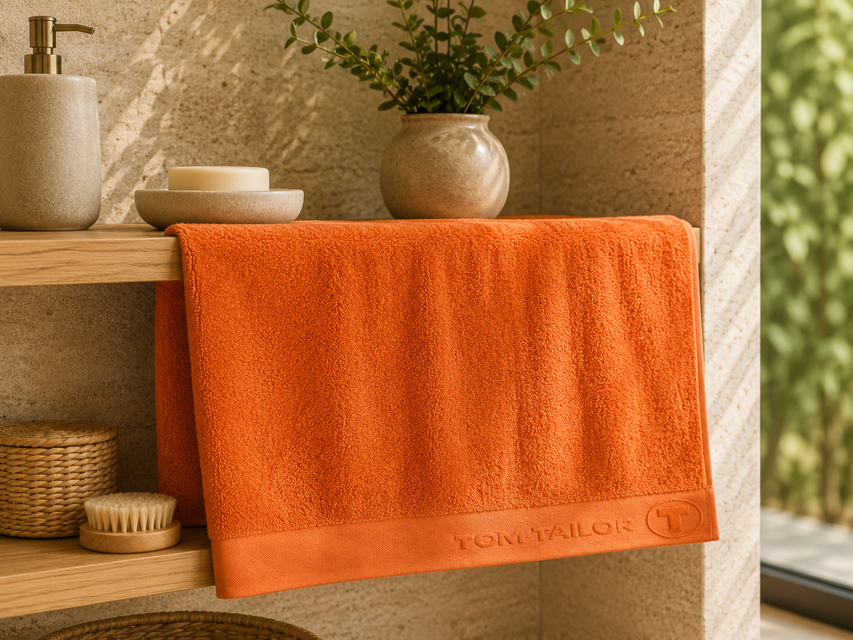 Orange cotton bath towel with woven border placed in a  modern bathroom