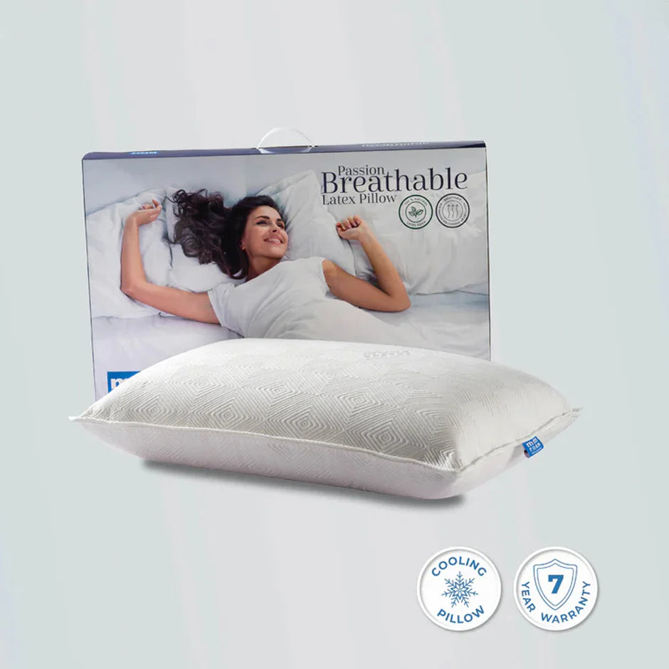 mmFoam Breathable latex pillow beside its retail box
