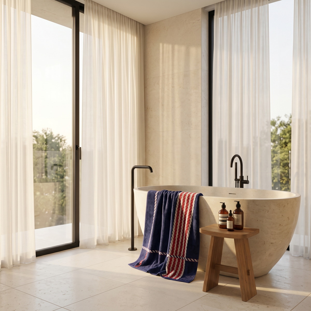 Navy striped cotton towel over a wooden stool beside a stone bath