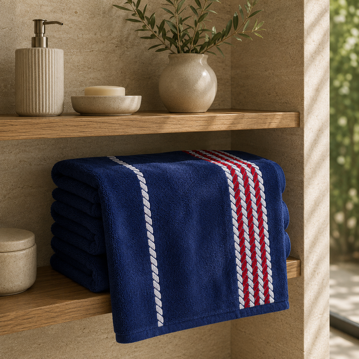 Navy cotton towels with a red and white braided stripe border, folded on a shelf