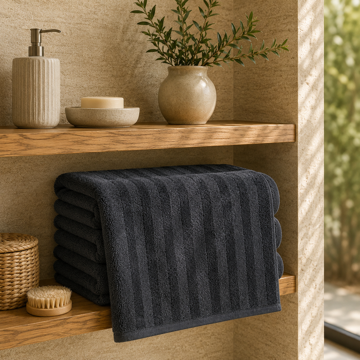 Charcoal ribbed cotton towels folded on a wooden bathroom shelf