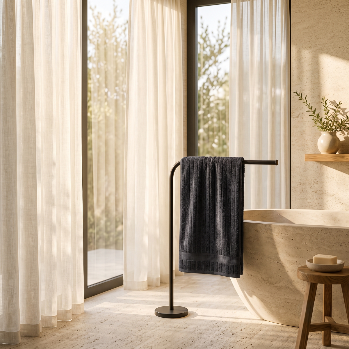 Charcoal cotton towel on a floor-standing rail beside a stone bath
