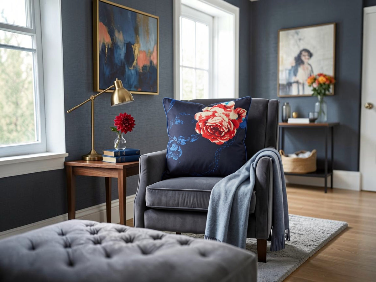 Blue polysilk cushion cover with red floral rose print on dark blue background
