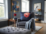 Blue polysilk cushion cover with red floral rose print on dark blue background