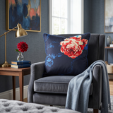 Blue polysilk cushion cover with red floral rose print on dark blue background