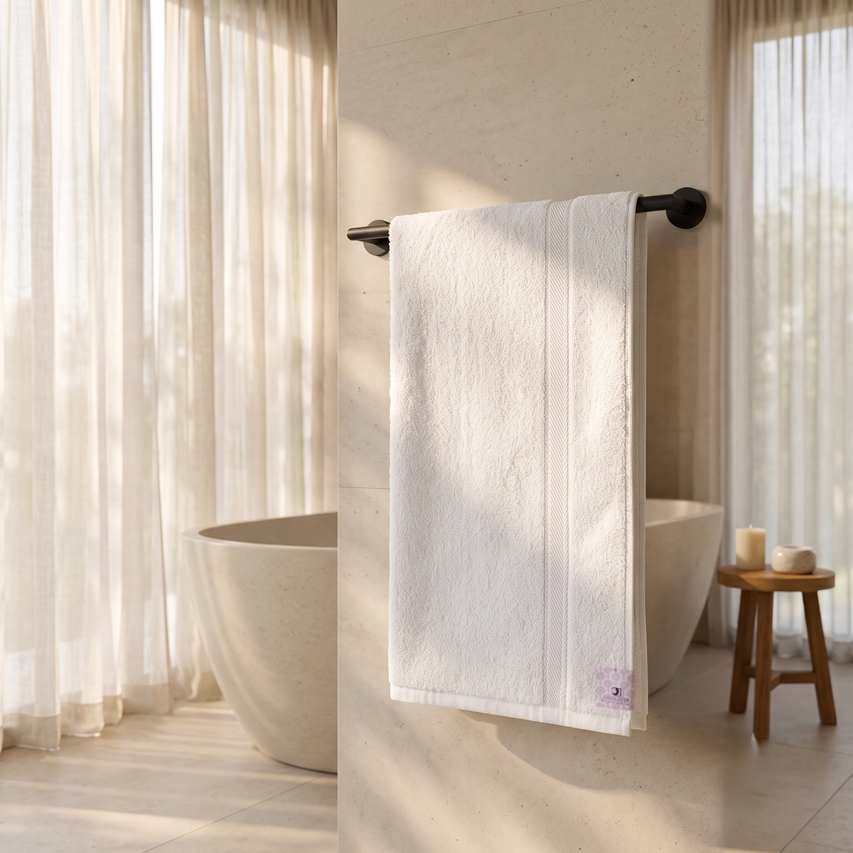White cotton bath towel on a rail in a sunlit bathroom with a stone bath