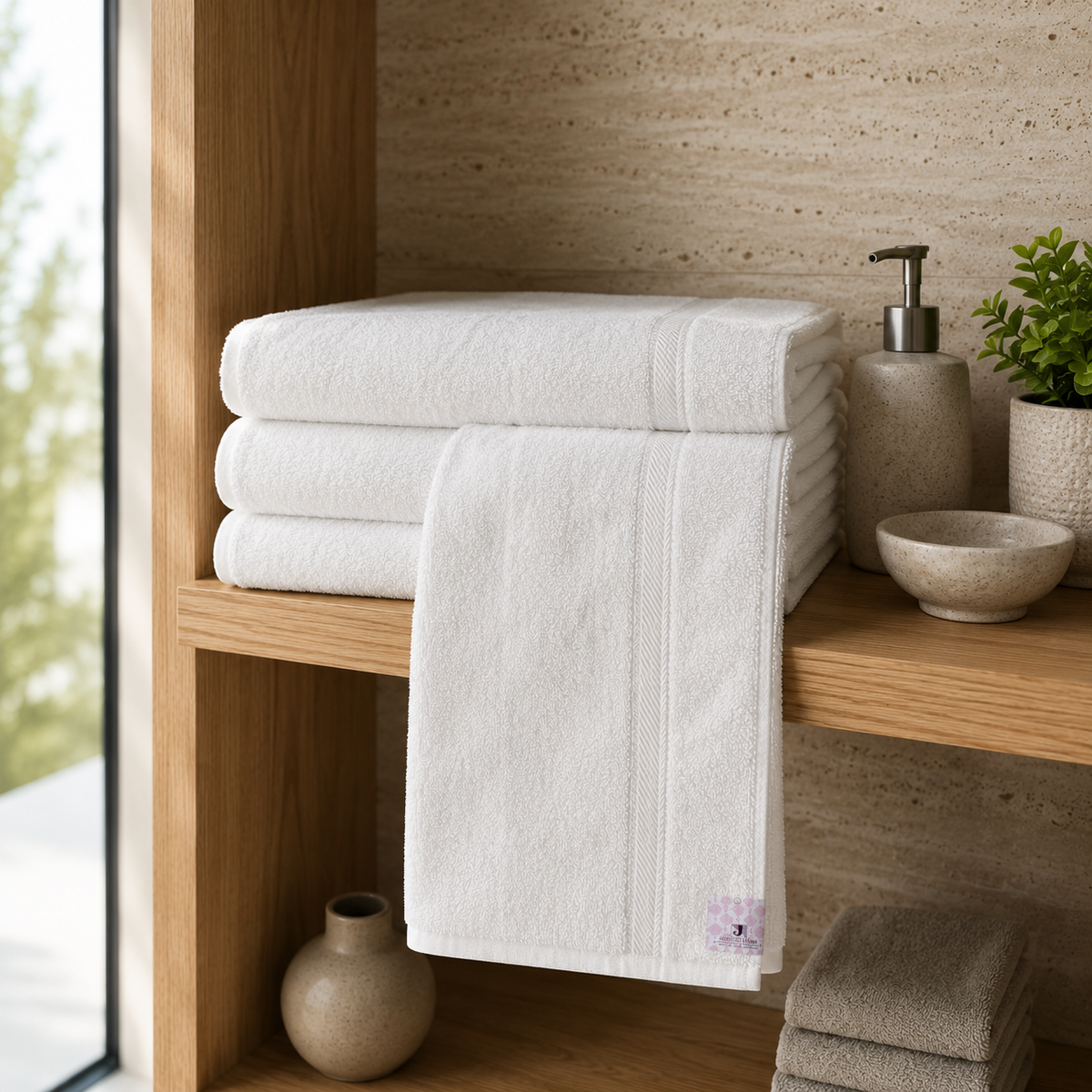 White cotton bath towel with double woven herringbone border displayed flat