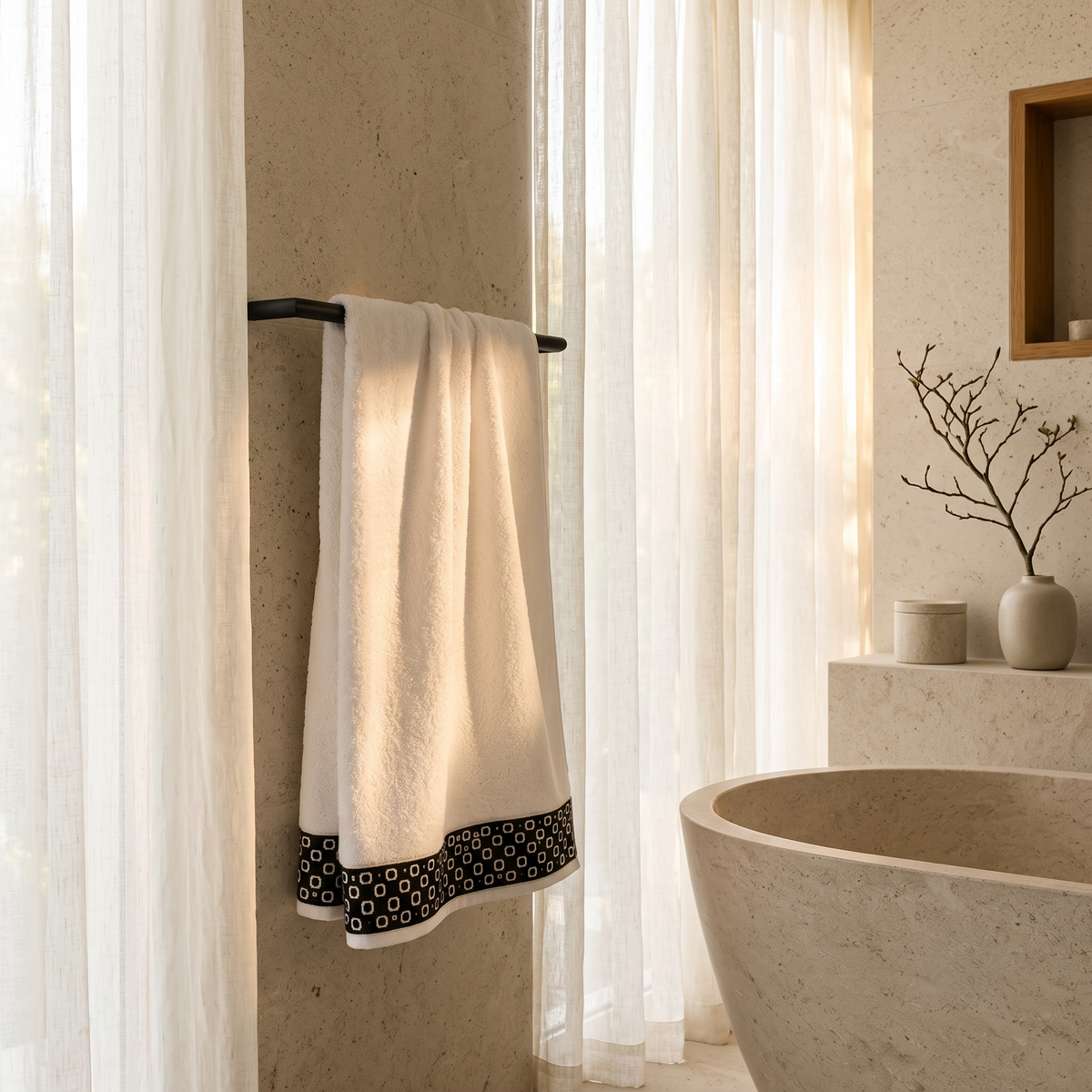 White cotton bath towel with black contrast woven border folded on a wooden bathroom shelf
