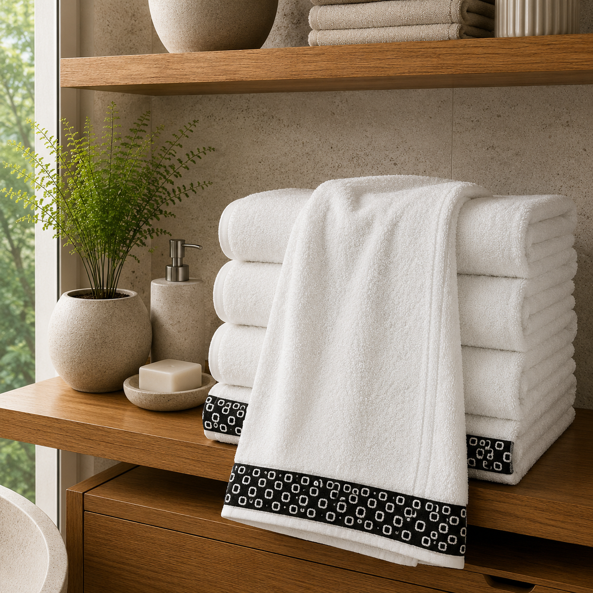 White cotton bath towel with black contrast woven border folded on a wooden bathroom shelf