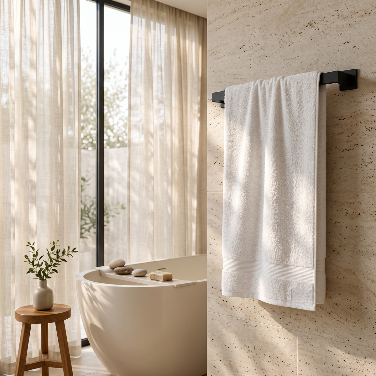 White cotton bath towel on a rail beside a stone bath in daylight