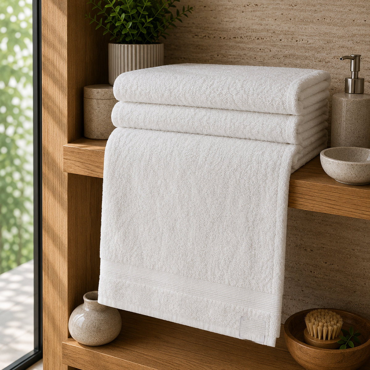 Ivory white cotton towels with a plain border, folded on a wooden shelf