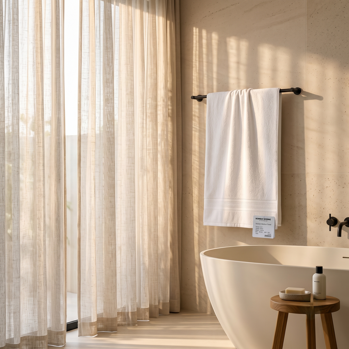 White cotton bath towel with woven border hanging on a bathroom towel bar