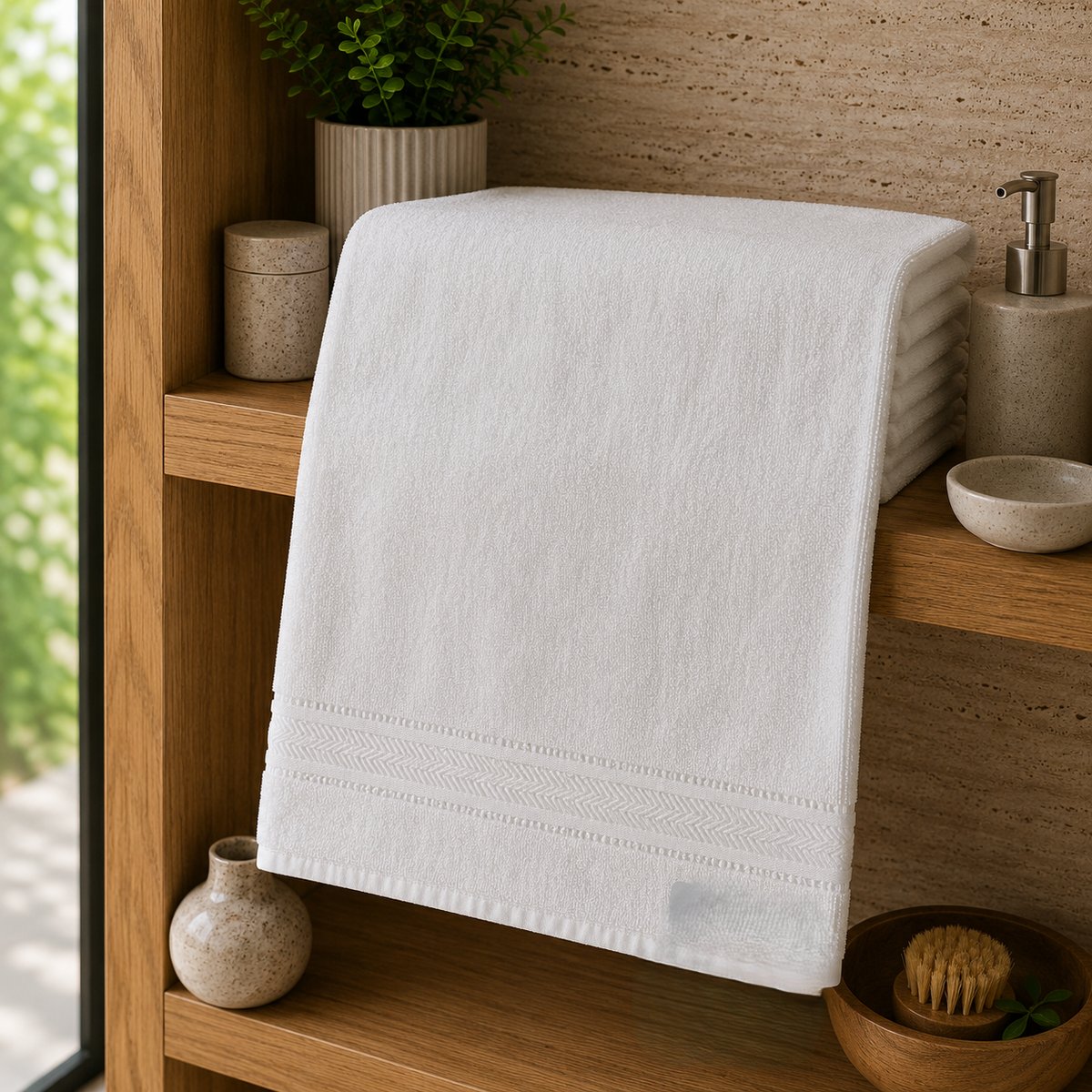 White cotton bath towel with woven border folded on a wooden bathroom shelf