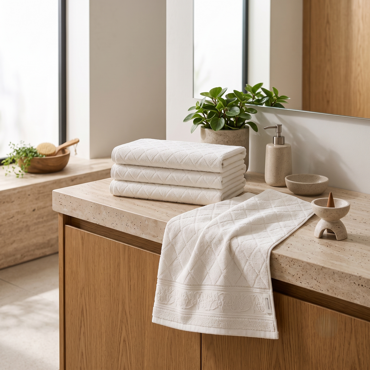 White cotton bath towel with diamond texture and jacquard floral border displayed on a modern bathroom vanity.