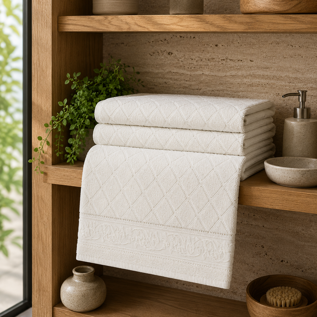 White cotton bath towel with diamond texture and jacquard floral border displayed on a modern bathroom vanity.
