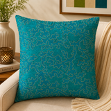 Teal blue patch work polysilk cushion cover with decorative stitched pattern