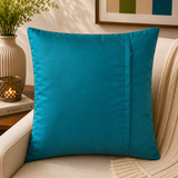 Teal blue patch work polysilk cushion cover with decorative stitched pattern