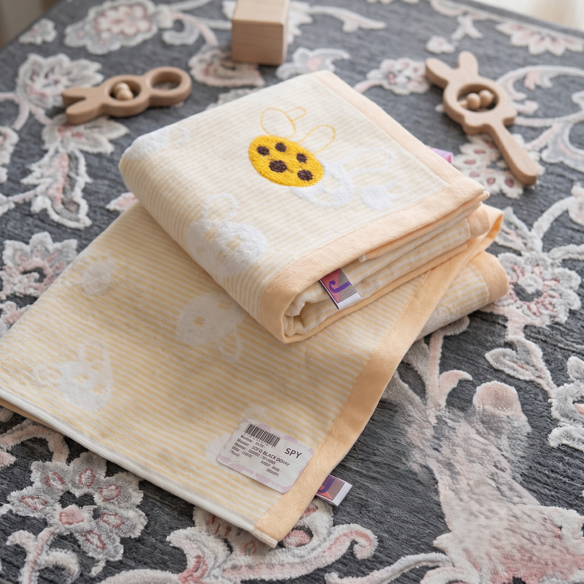 Yellow printed cotton bath towel with bee design folded on a wooden bathroom