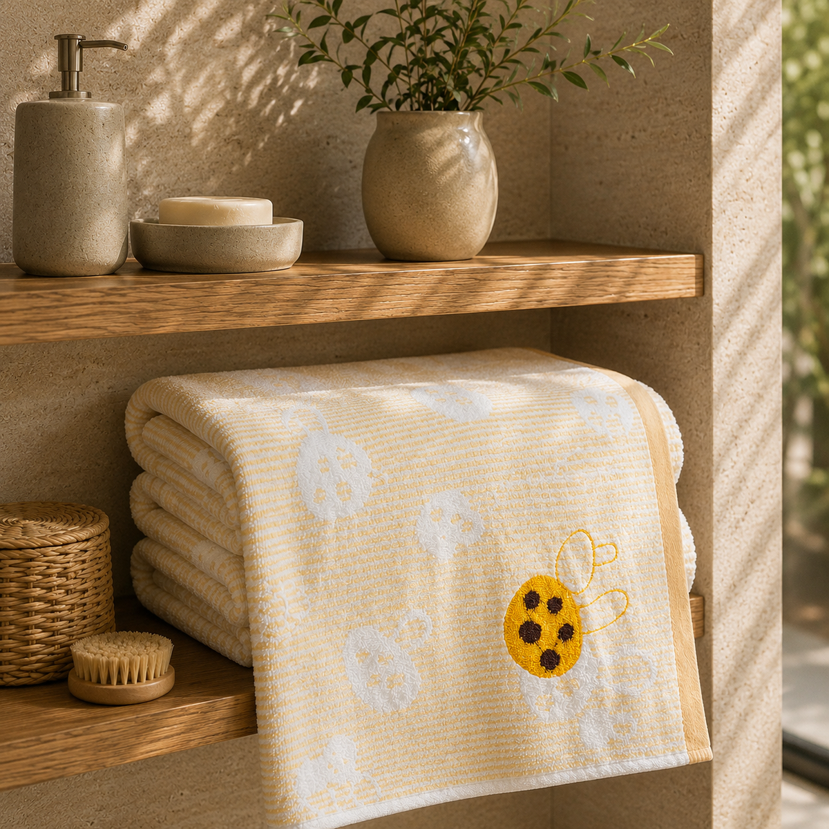 Yellow printed cotton bath towel with bee design folded on a wooden bathroom shelf