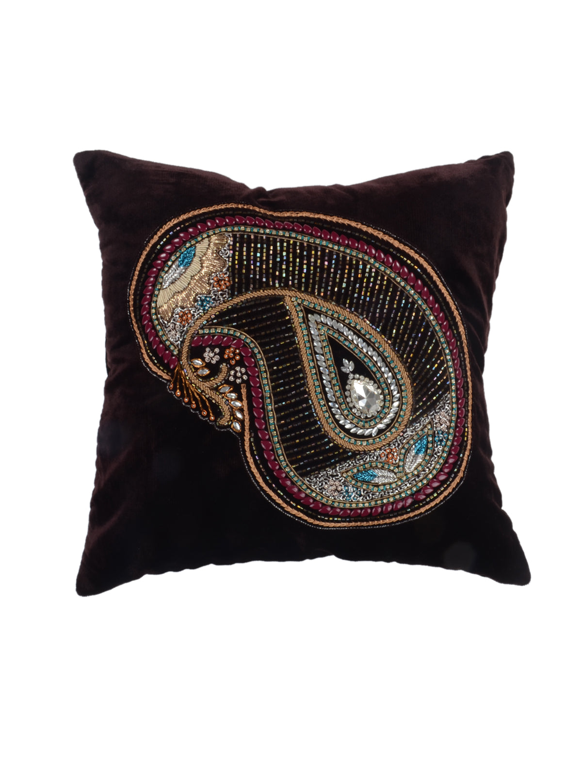 Dark brown chenille velvet cushion cover with a large beaded paisley mango motif