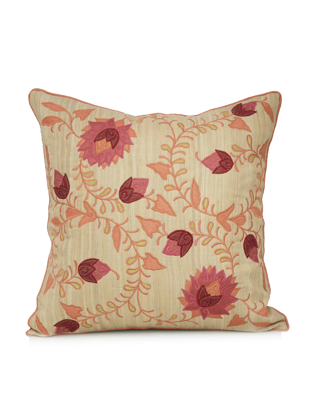 Cream dupion silk cushion cover embroidered with dusty pink sunflowers on trailing vines