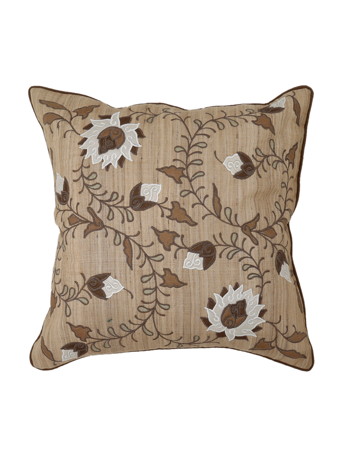 Beige dupion silk cushion cover embroidered with cream and brown sunflowers on vines