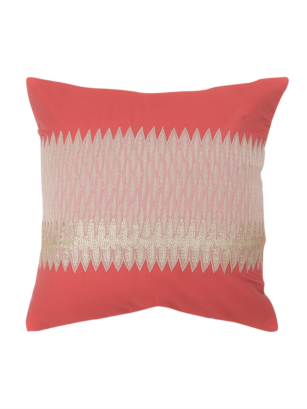 Coral polysilk cushion cover with a cream zigzag chevron band across the centre