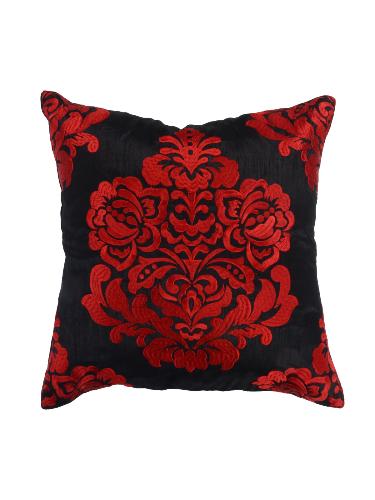 Black cushion cover with a large red flocked damask motif at the centre