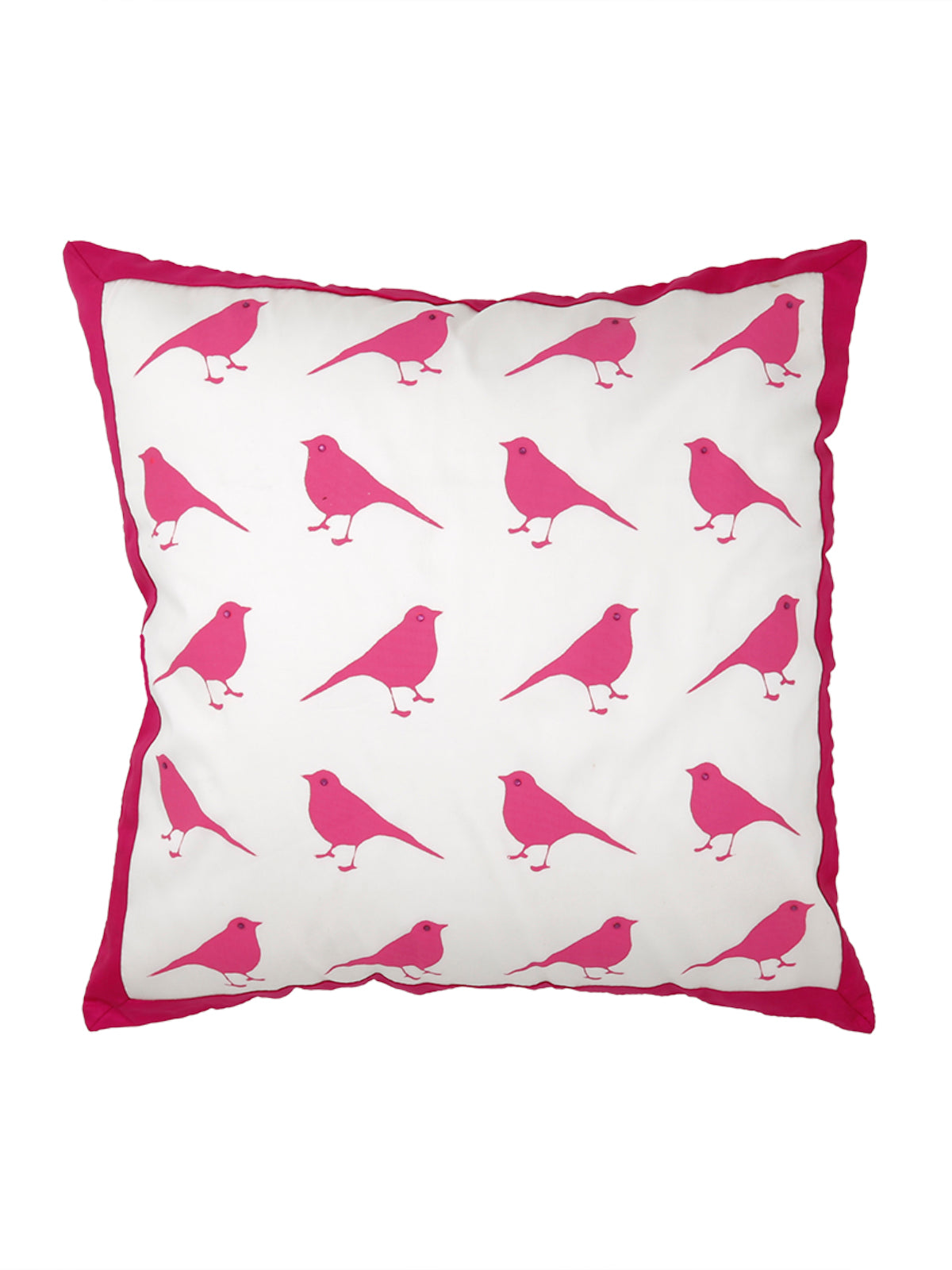White cotton cushion cover printed with rows of pink birds inside a magenta border