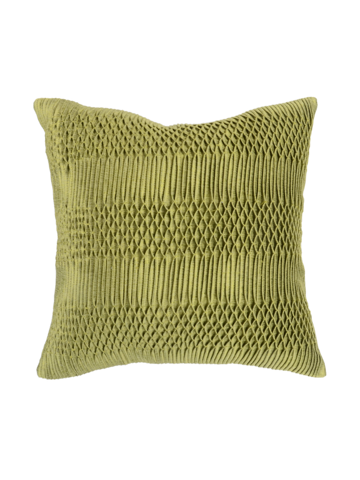 Olive green dupion silk cushion cover with a hand smocked lattice texture