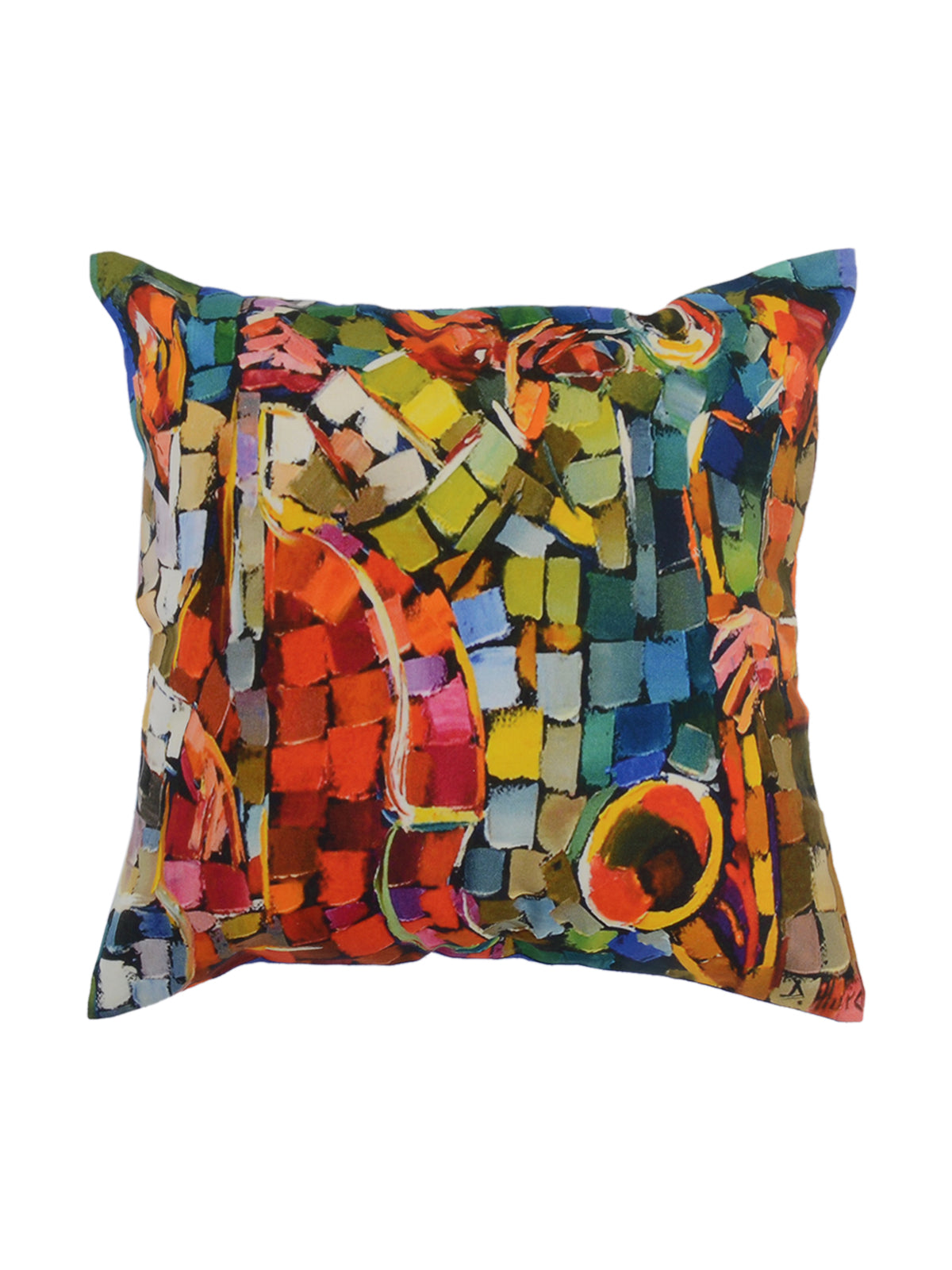 Multicolour mosaic print cushion cover showing painted jazz musicians with brass instruments