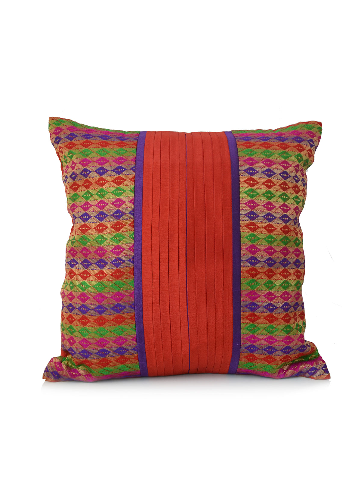 Multicolour woven brocade cushion cover with zigzag bands and a plain orange red stripe