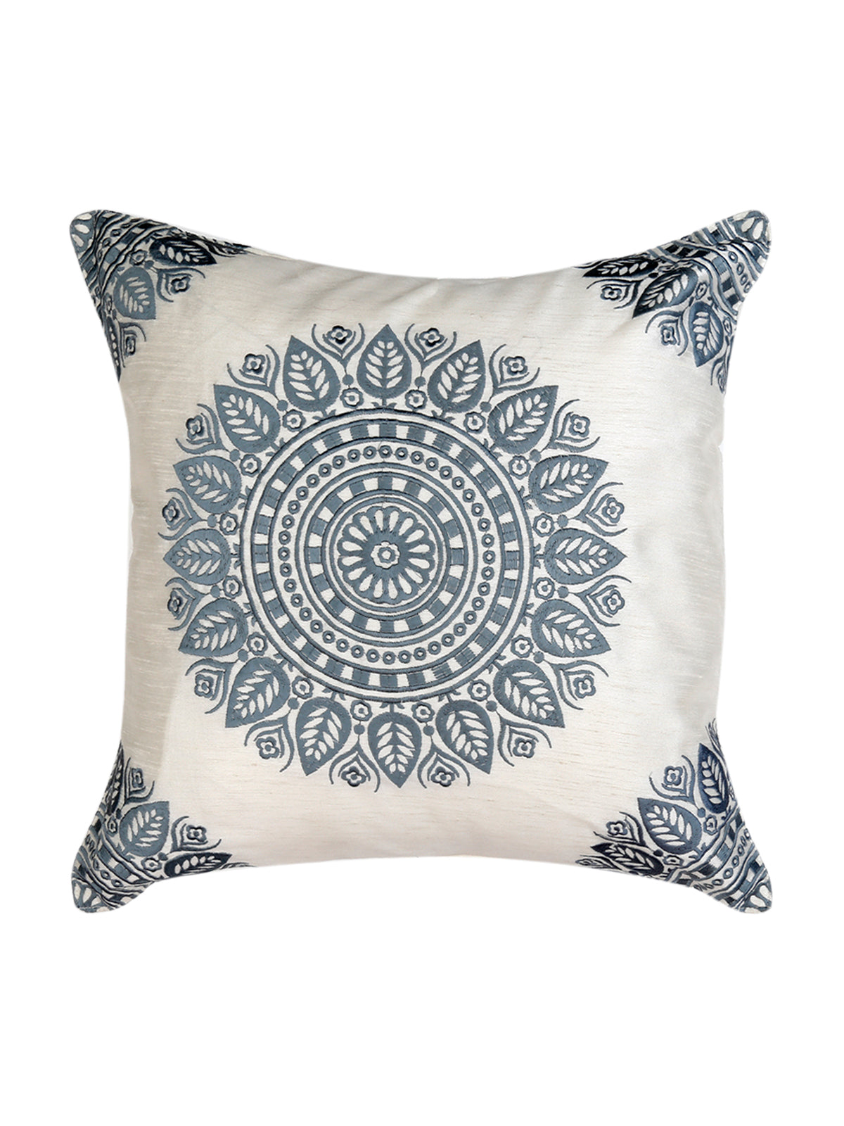 Ivory silk cushion cover with a large blue grey mandala and matching corner motifs