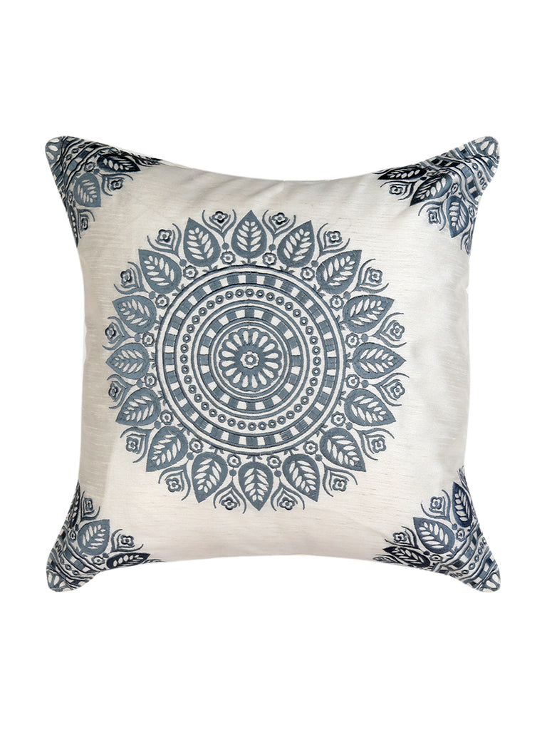 (Cream/Grey)Embroidery- Dupion Silk Cushion Cover - Jagdish Store Online Since 1965