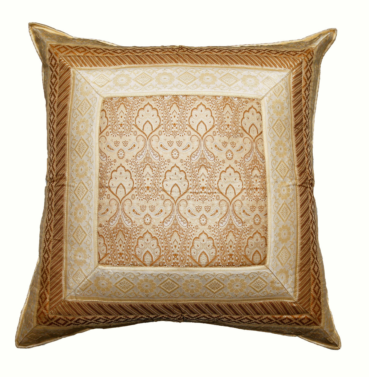 Cream cushion cover with a beige-gold brocade paisley medallion pattern and matching border