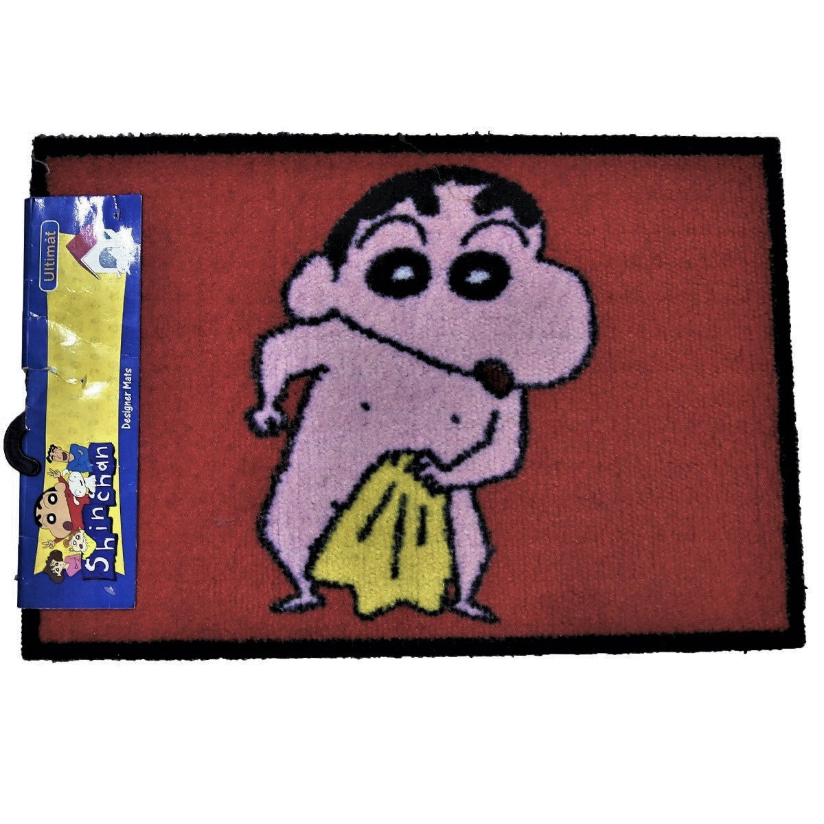 Red kids play mat with a cartoon boy holding a yellow towel, shown flat with retail tag, 40x60 cm
