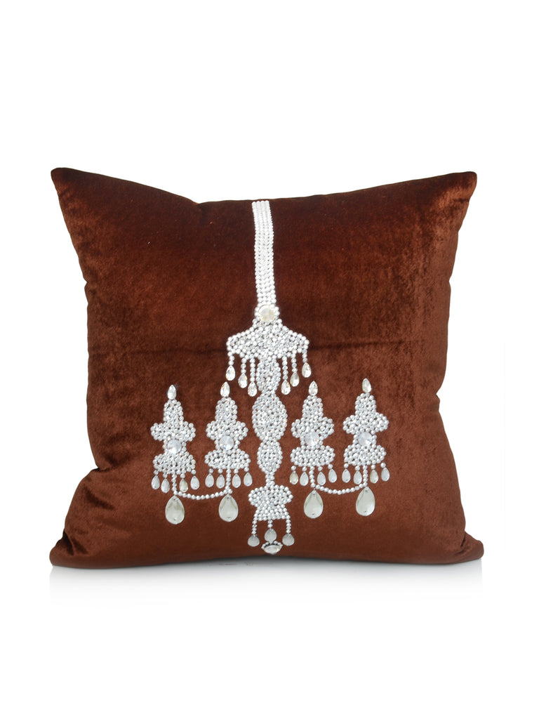 (Brown)Beads Work - Chenille Cushion Cover - Jagdish Store Online Since 1965