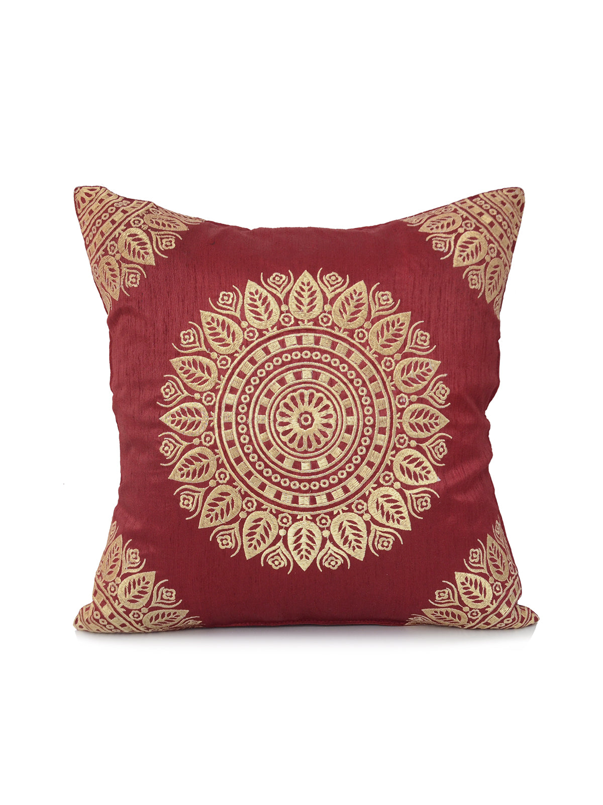 Maroon dupion silk cushion cover with a large gold mandala and gold corner motifs