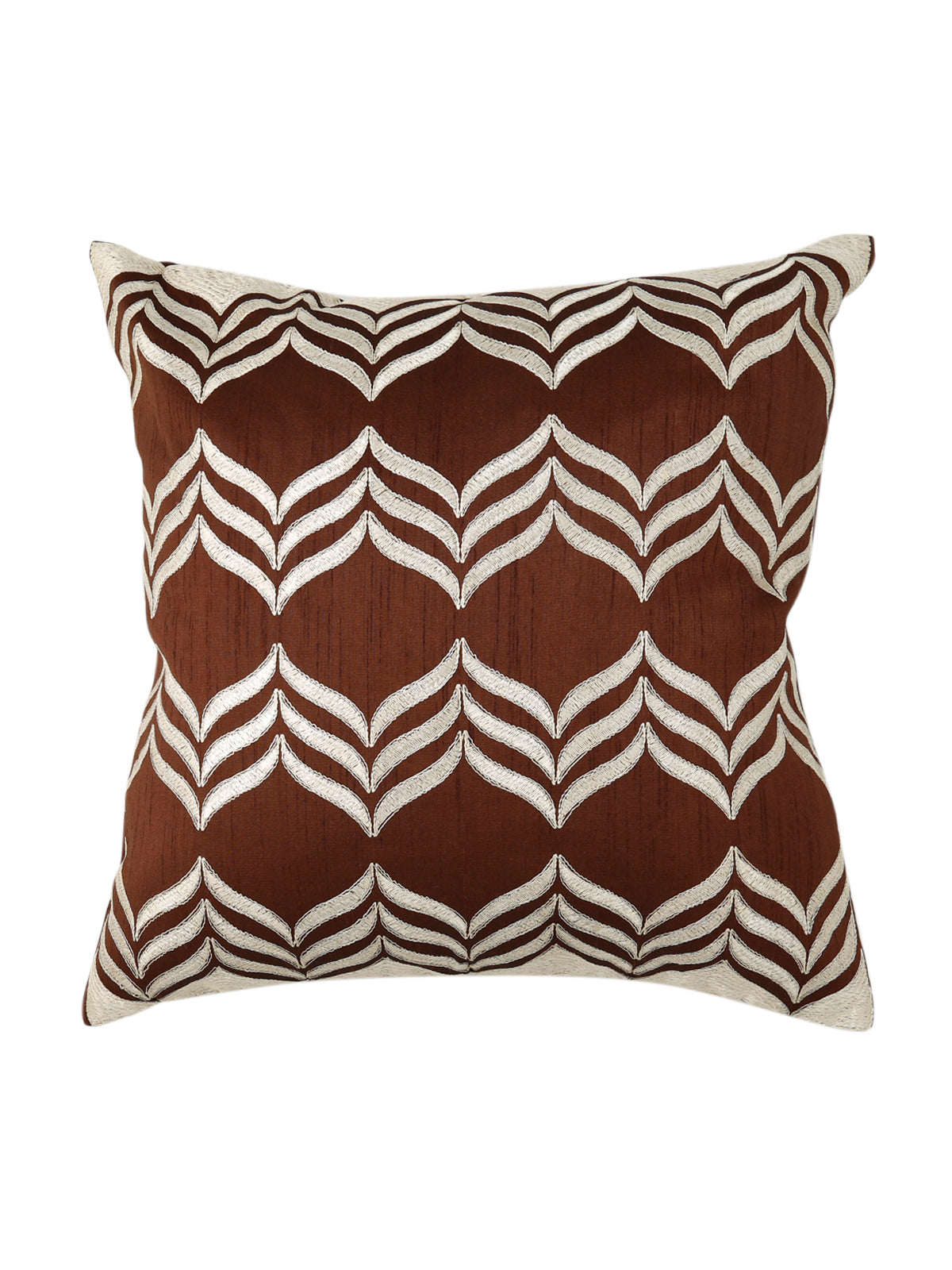 Brown dupion silk cushion cover with a cream embroidered chevron leaf trellis