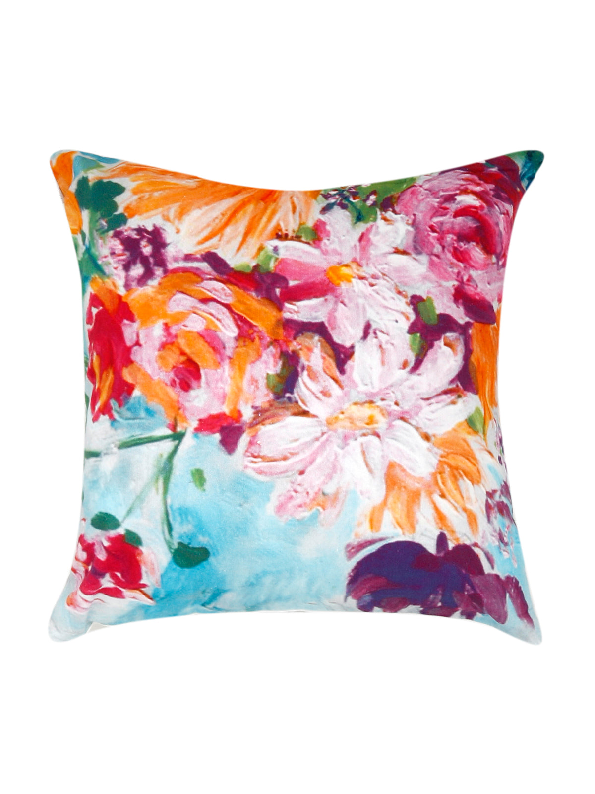 Cotton cushion cover printed with a vivid watercolour floral bouquet in orange, pink and blue